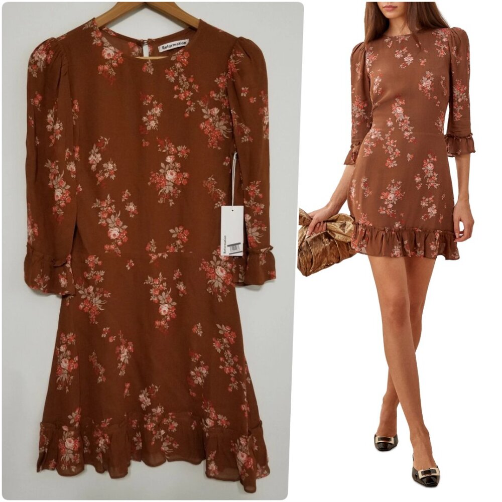 NWT‎ Reformation Doutzen Floral Mini Dress in Nona (Brick Brown) Size 4 $218